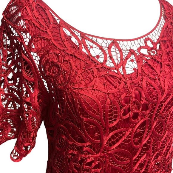 Silken Poetry Vintage 100% Silk Blouse Size M Merlot Red Lace Overlay Party Date - Picture 2 of 10